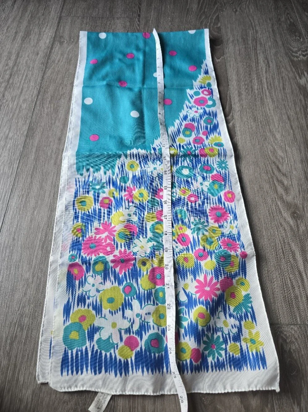 Vintage Mod Floral Scarf Long Oblong Blue Pink Polka Dot Flower Power Italy